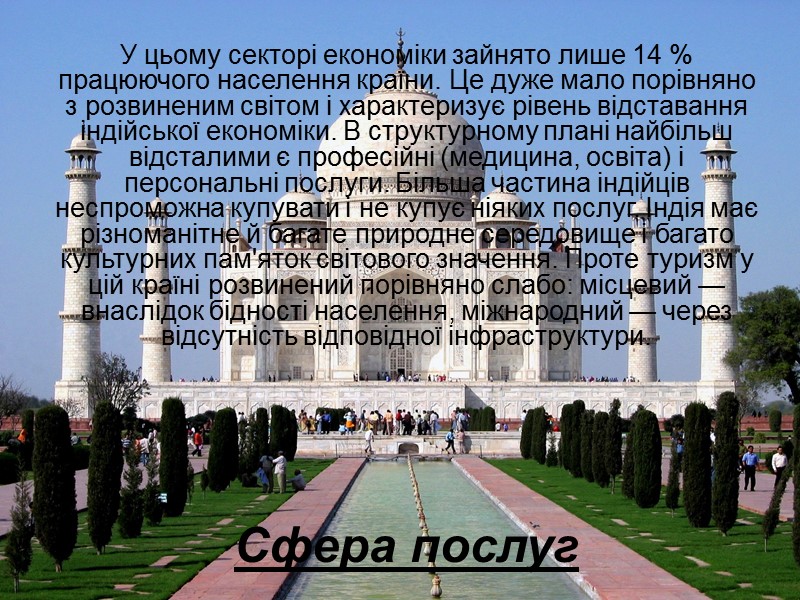 Сфера послуг У цьому секторі економіки зайнято лише 14 % працюючого населення країни. Це